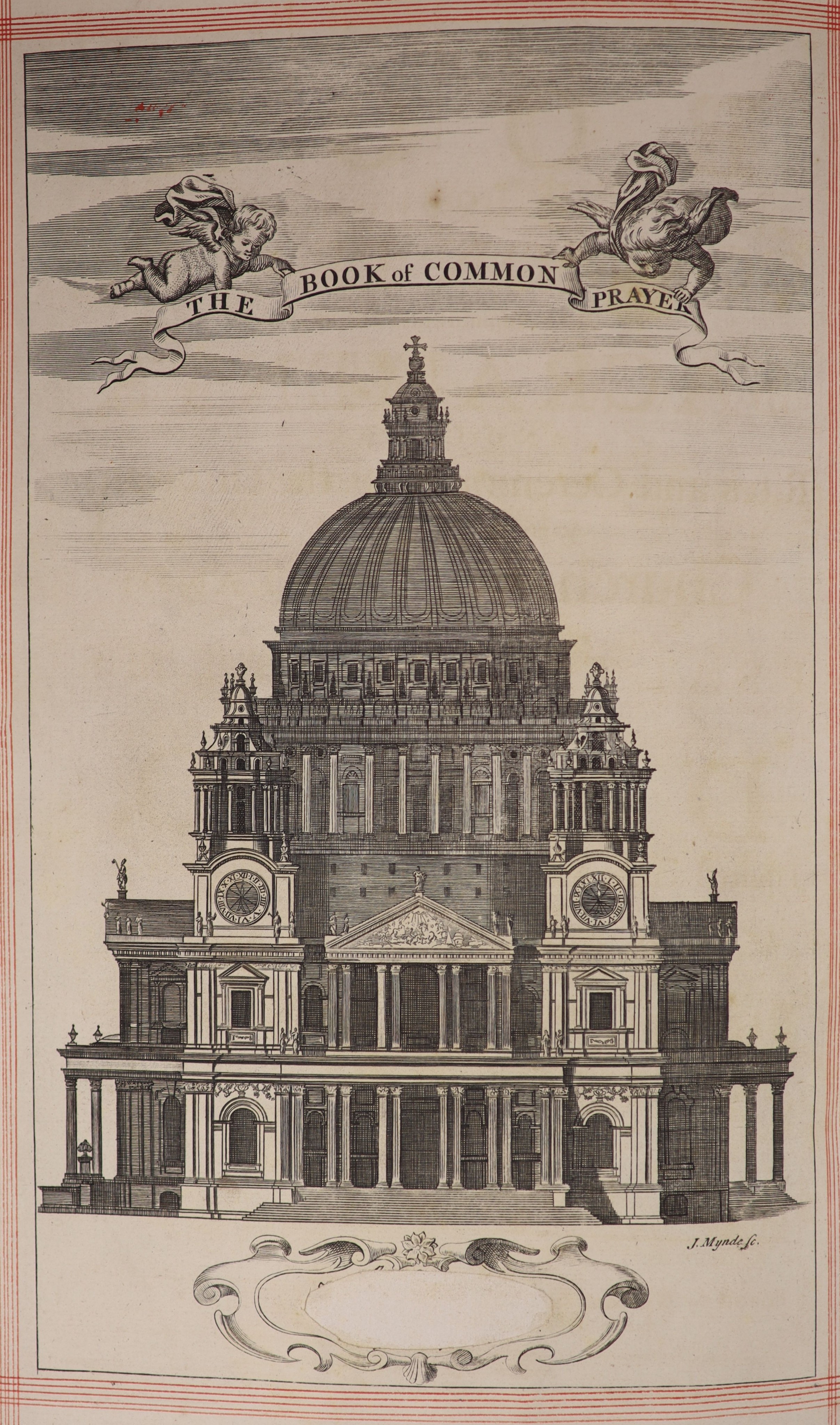 The Book of Common Prayer..... title printed in red and black, frontis, head and tailpiece decorations, decorated initial letters, red ruled throughout, (28, 344), 23, (4)pp.; contemp. black gilt ruled and decorated calf